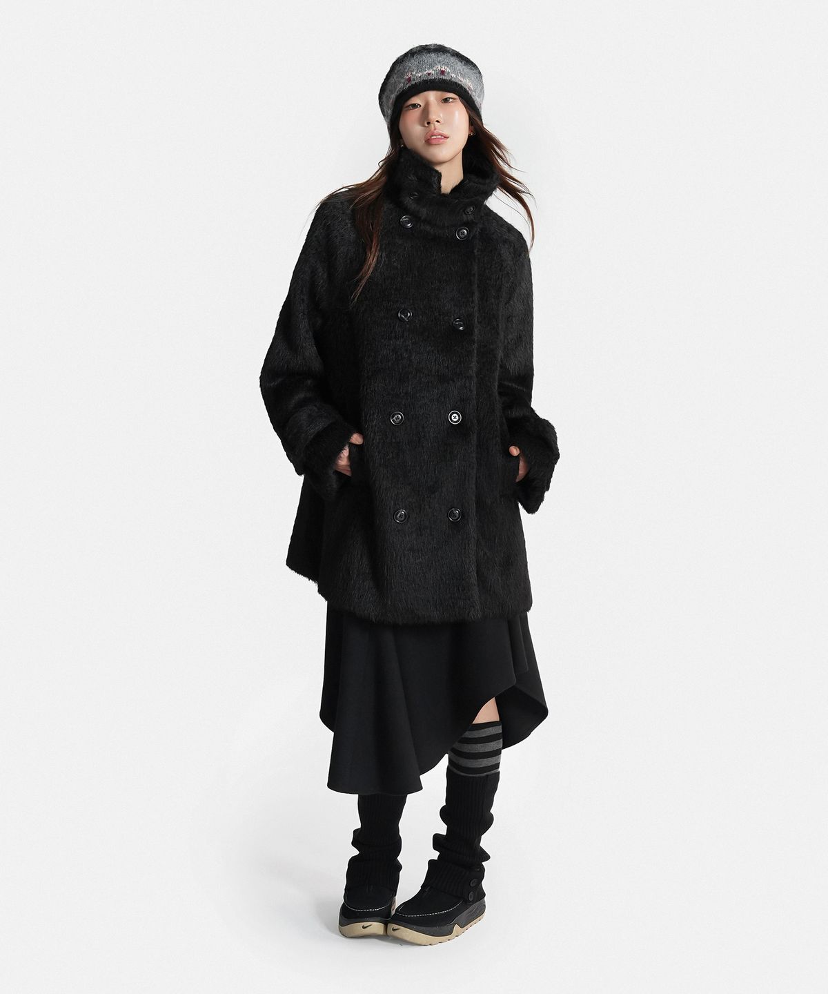 지도트(JIDOT) HIGH NECK DOUBLE FUR COAT BLACK