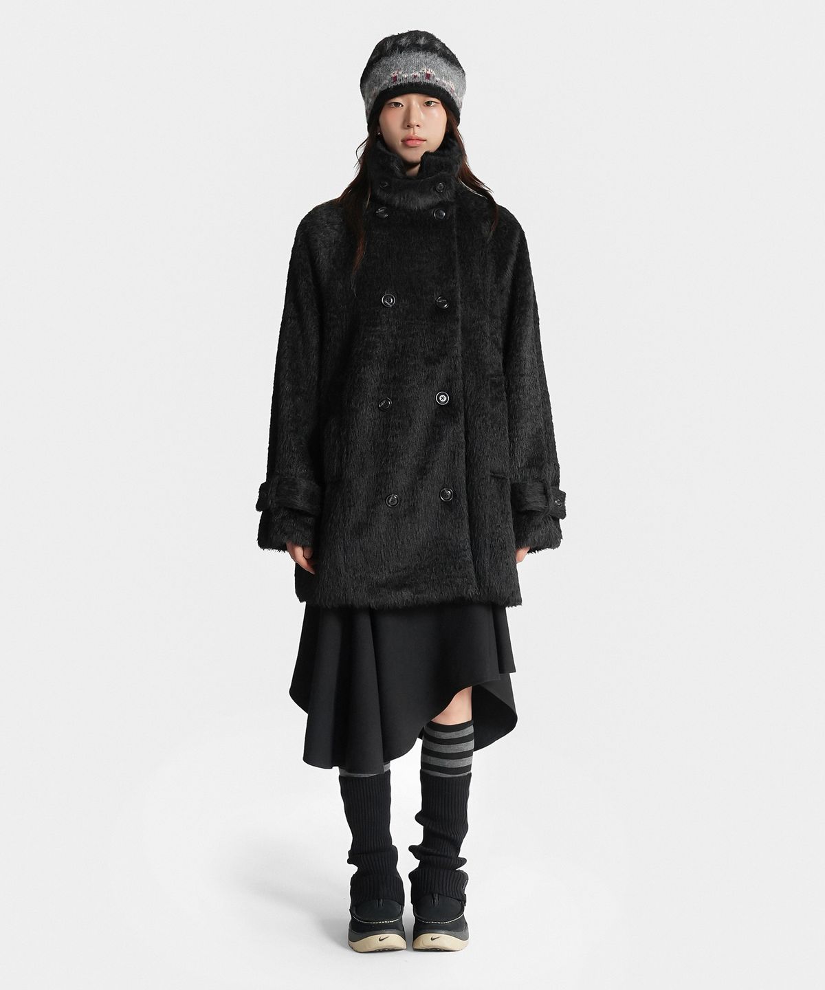 지도트(JIDOT) HIGH NECK DOUBLE FUR COAT BLACK
