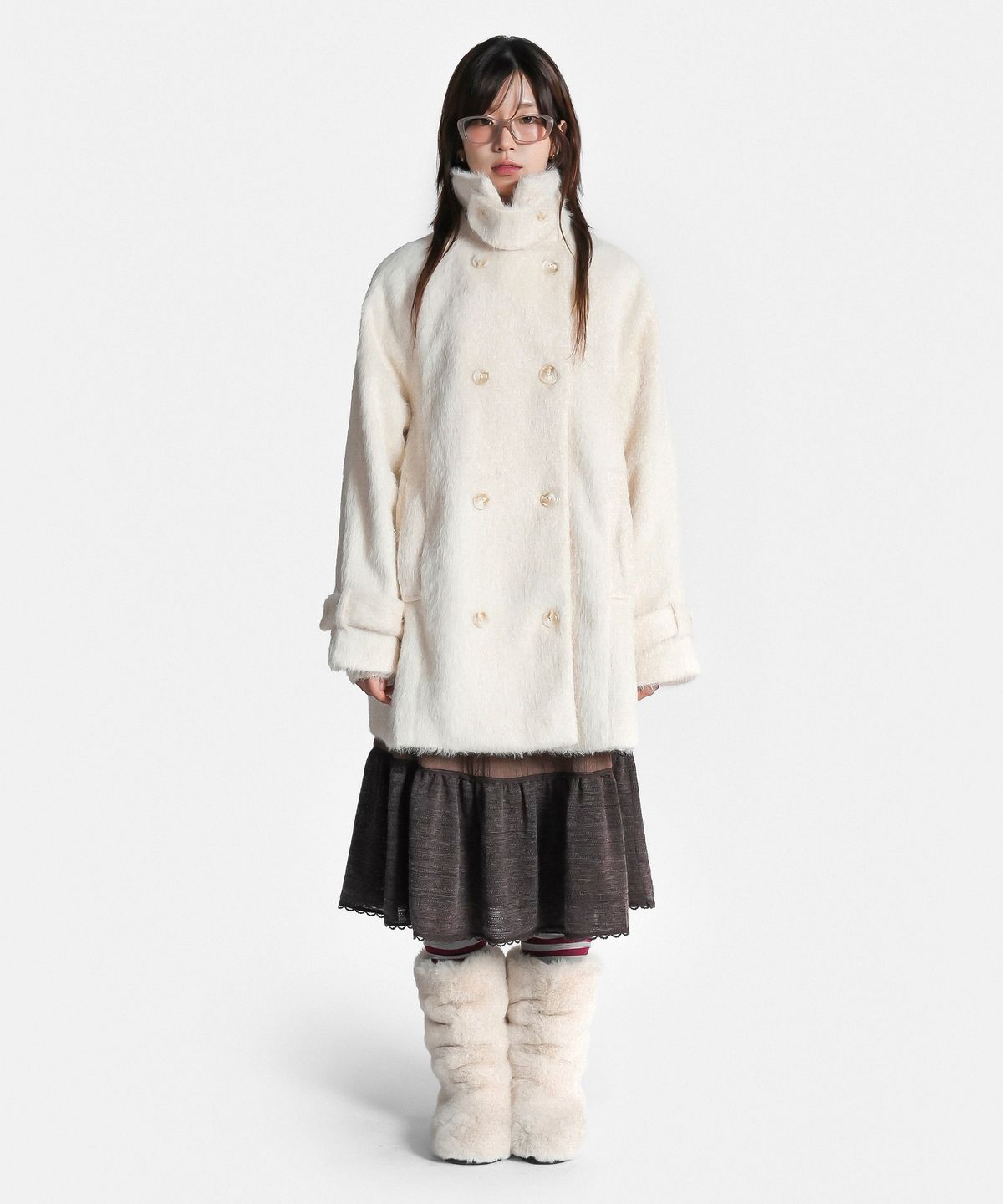 지도트(JIDOT) HIGH NECK DOUBLE FUR COAT IVORY