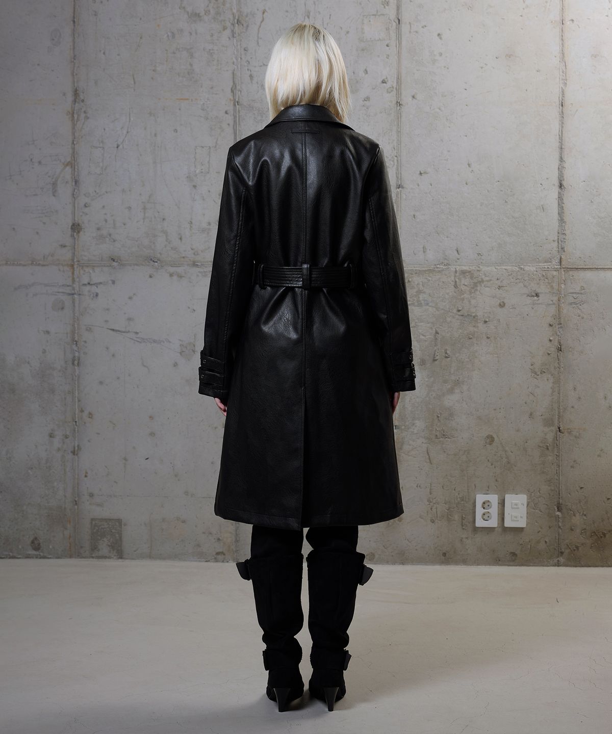 락케이크(ROCKCAKE) Belted Leather Coat - Black