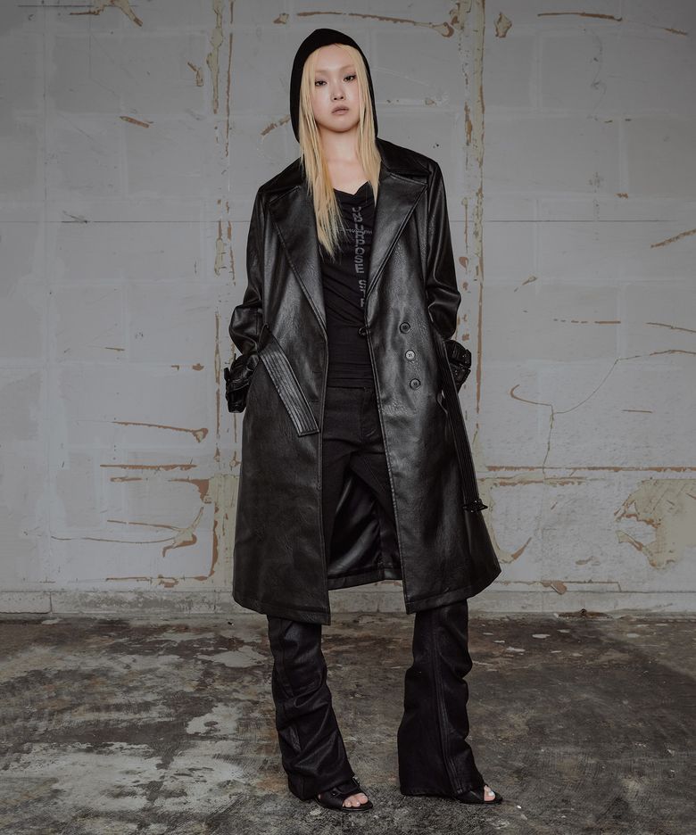 Belted Leather Coat - Black