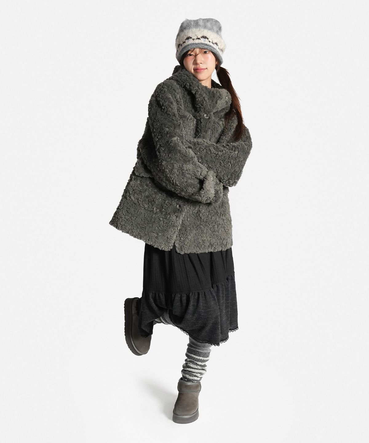 지도트(JIDOT) BOUCLÉ FUR HIGH NECK HOODED COAT GRAY