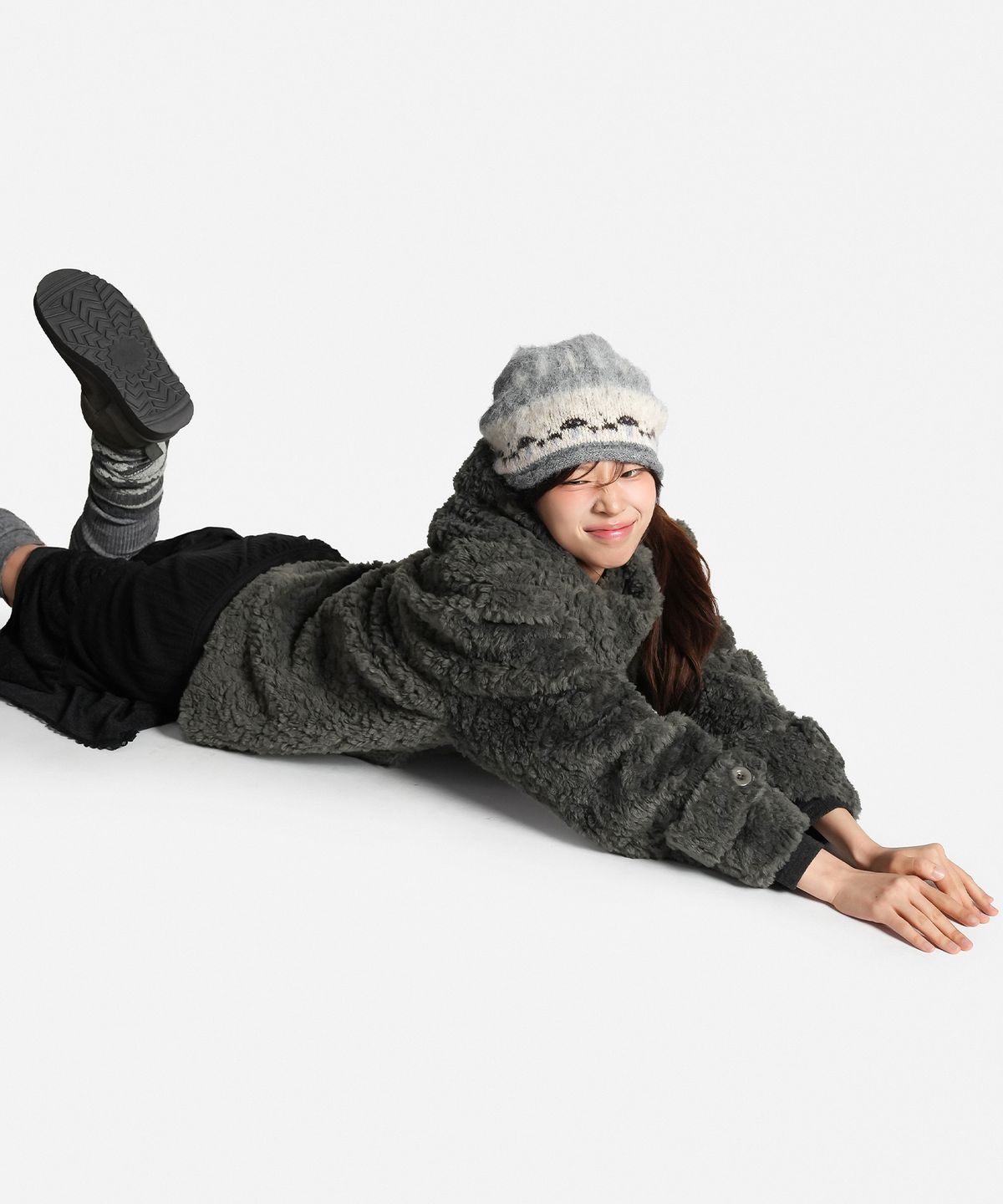 지도트(JIDOT) BOUCLÉ FUR HIGH NECK HOODED COAT GRAY