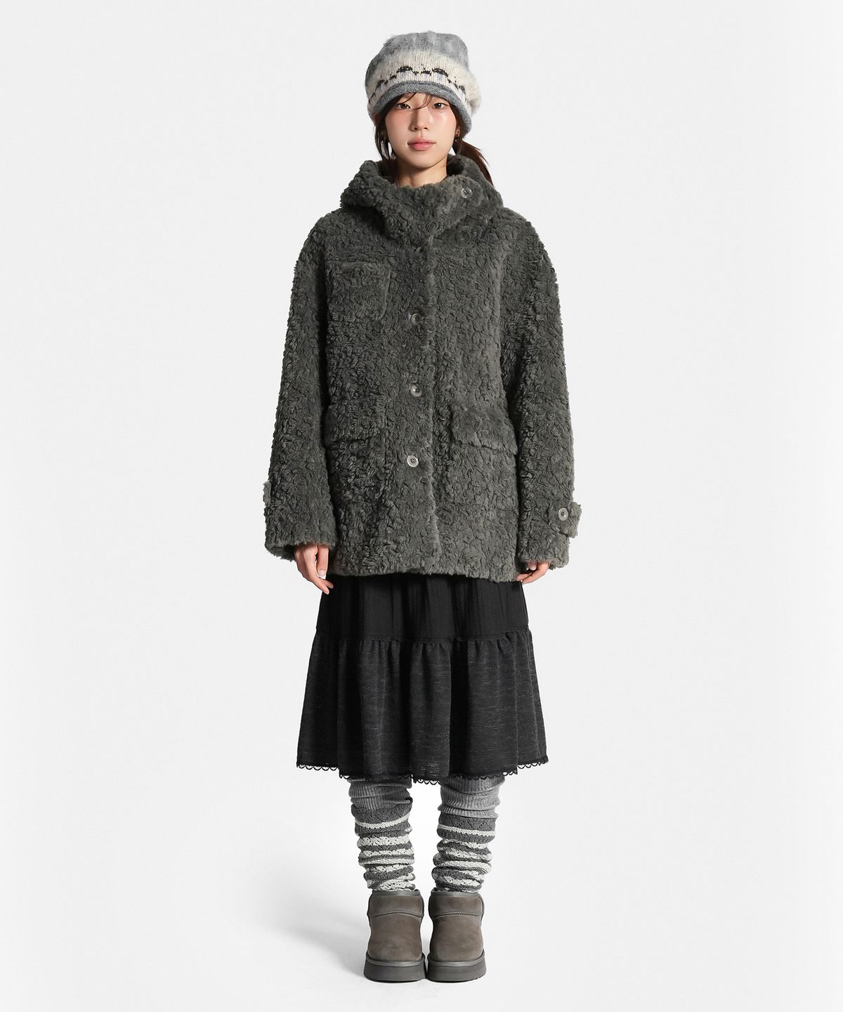 지도트(JIDOT) BOUCLÉ FUR HIGH NECK HOODED COAT GRAY