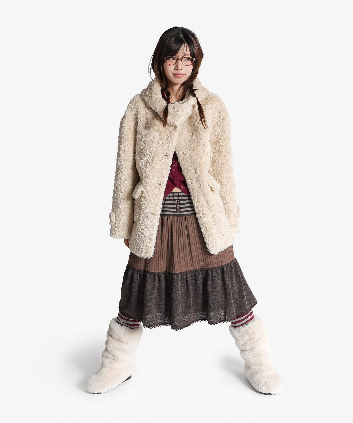 지도트(JIDOT) BOUCLE FUR HIGH NECK HOODED COAT BEIGE