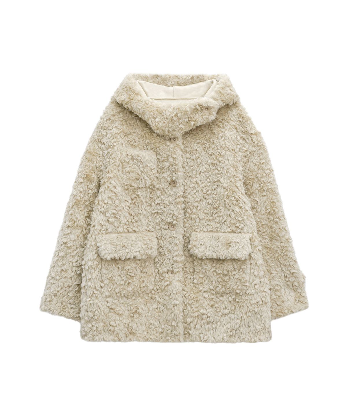 지도트(JIDOT) BOUCLE FUR HIGH NECK HOODED COAT BEIGE