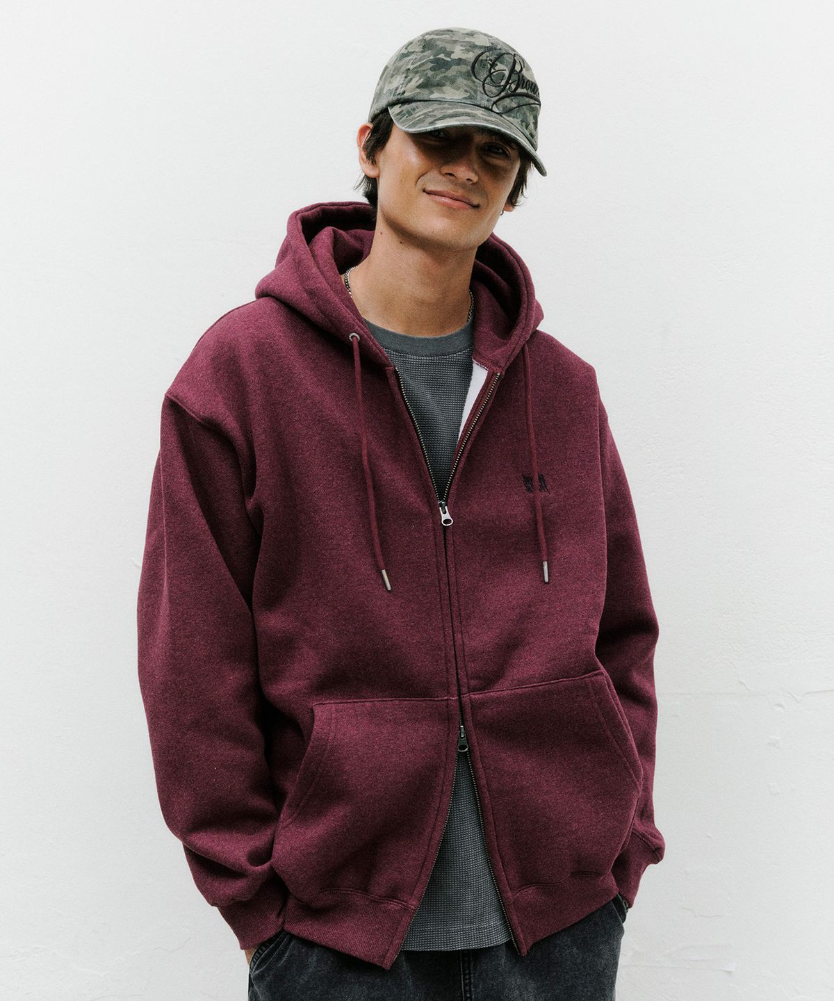 브라운브레스(BROWNBREATH) TAG HOOD ZIP UP - MELANGE BURGUNDY