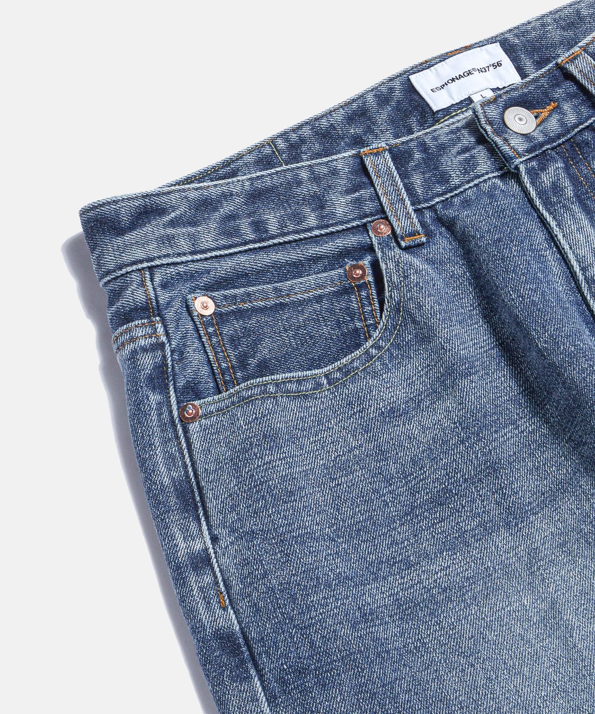 에스피오나지(ESPIONAGE) Selvedge Center Press Denim Pants Faded Indigo