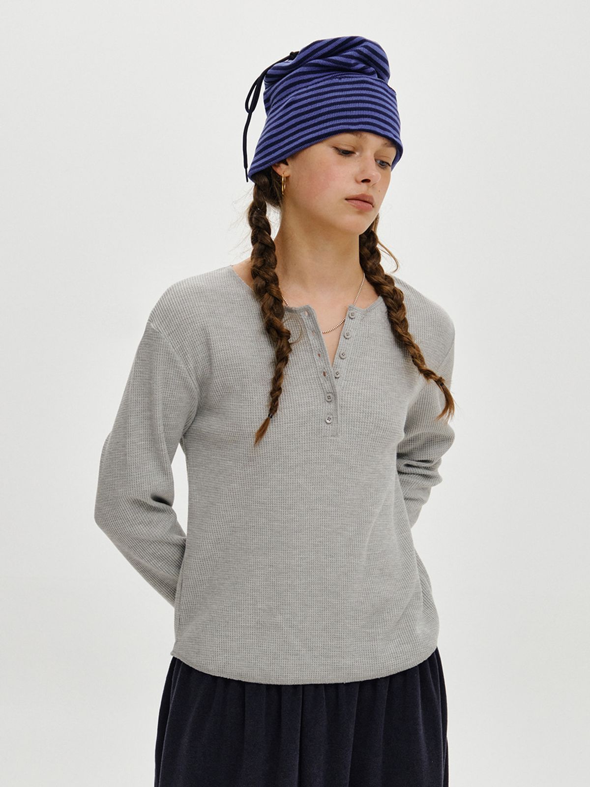 플리즈프로젝트(PLZPROJECT) REGULAR WAFFLE HENLEY LONG SLEEVE, GRAY