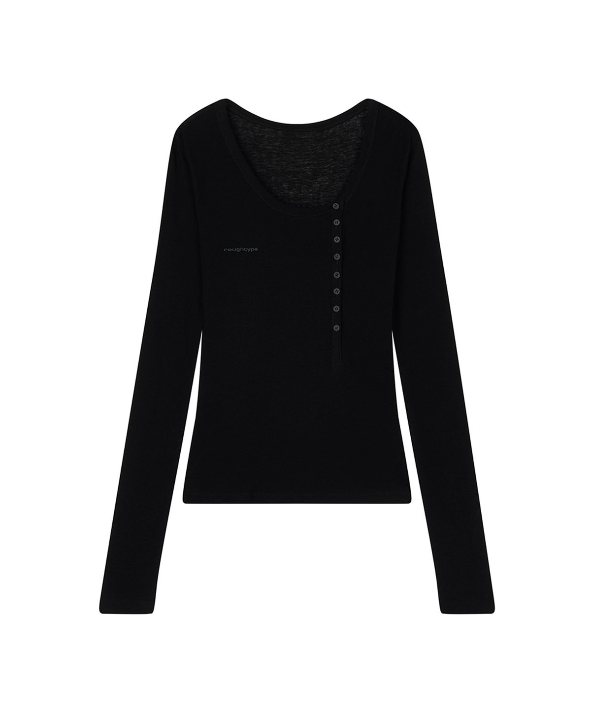 로타입(ROUGHTYPE) Unbalanced Henley Neck Sheer Long Sleeve - Black