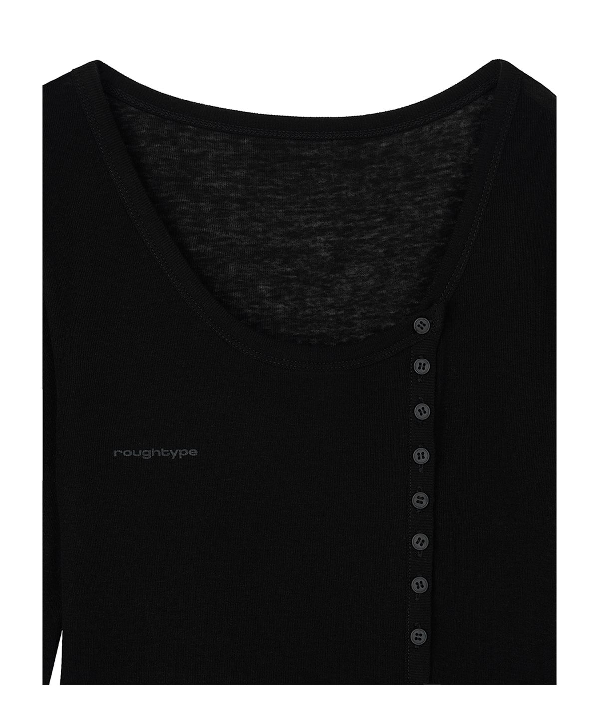로타입(ROUGHTYPE) Unbalanced Henley Neck Sheer Long Sleeve - Black