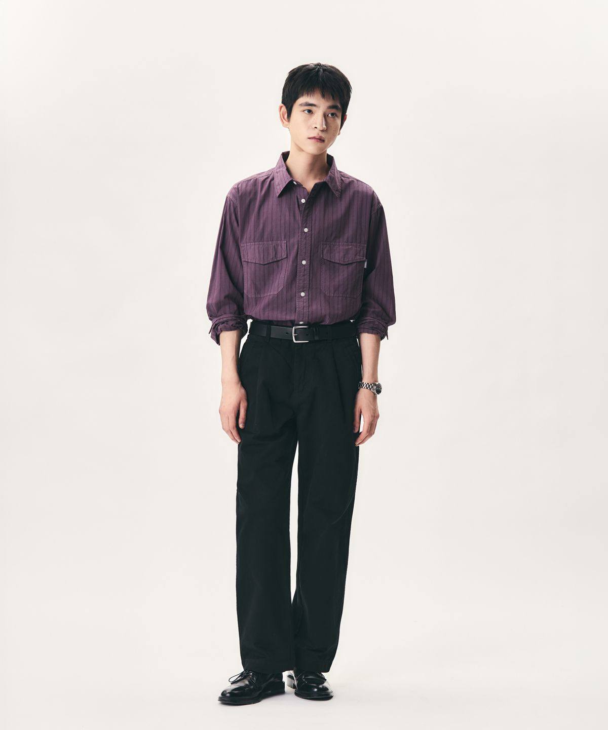 에스피오나지(ESPIONAGE) Overdyed Stripe 2 Pocket Shirt Purple