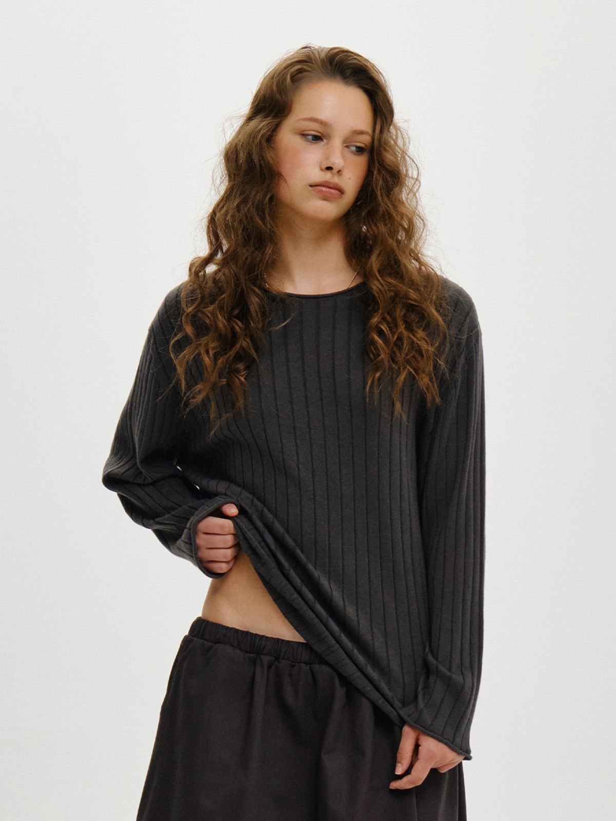 플리즈프로젝트(PLZPROJECT) RIBBED KNIT LONG SLEEVE, CHARCOAL