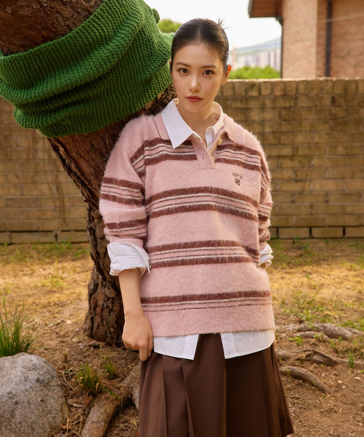 세터(SATUR) (W) 플리츠 미디 스커트 브라운