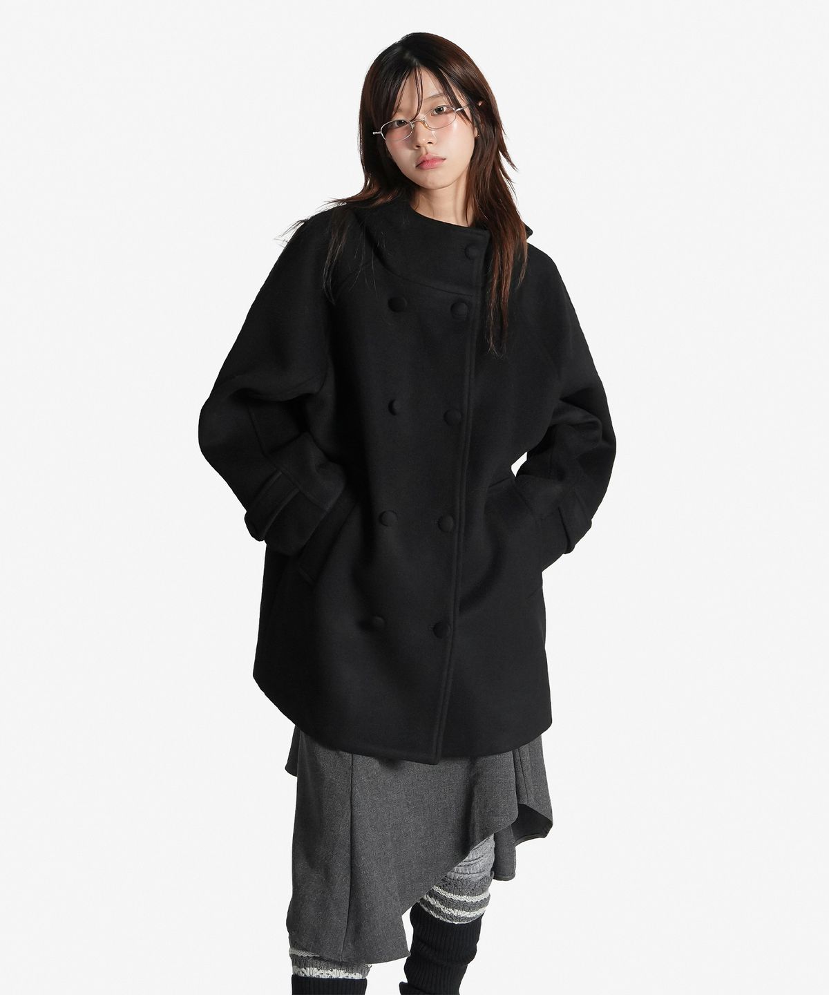지도트(JIDOT) WOOL HIGH NECK DOUBLE COAT BLACK