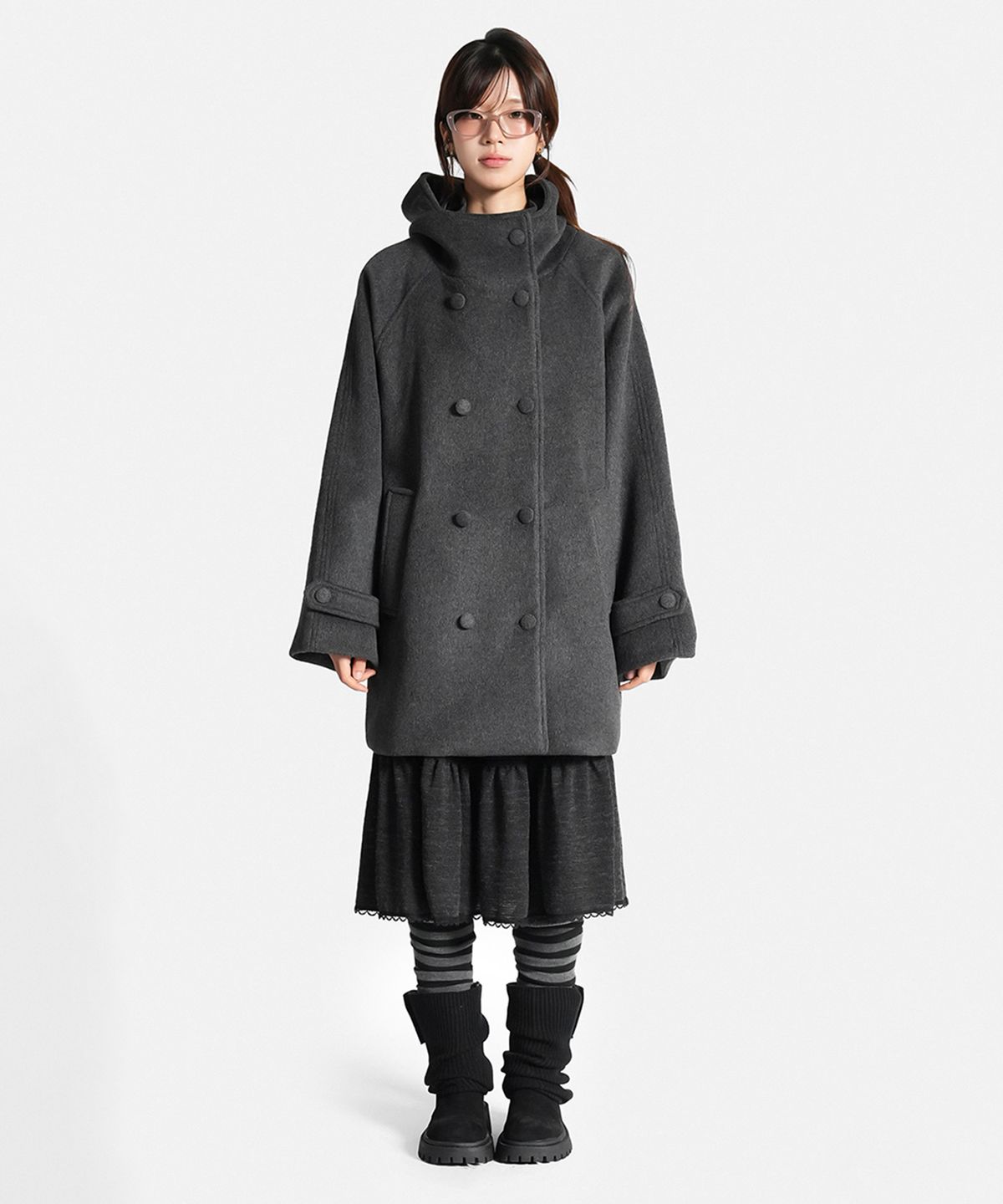 지도트(JIDOT) WOOL HIGH NECK DOUBLE COAT CHARCOAL
