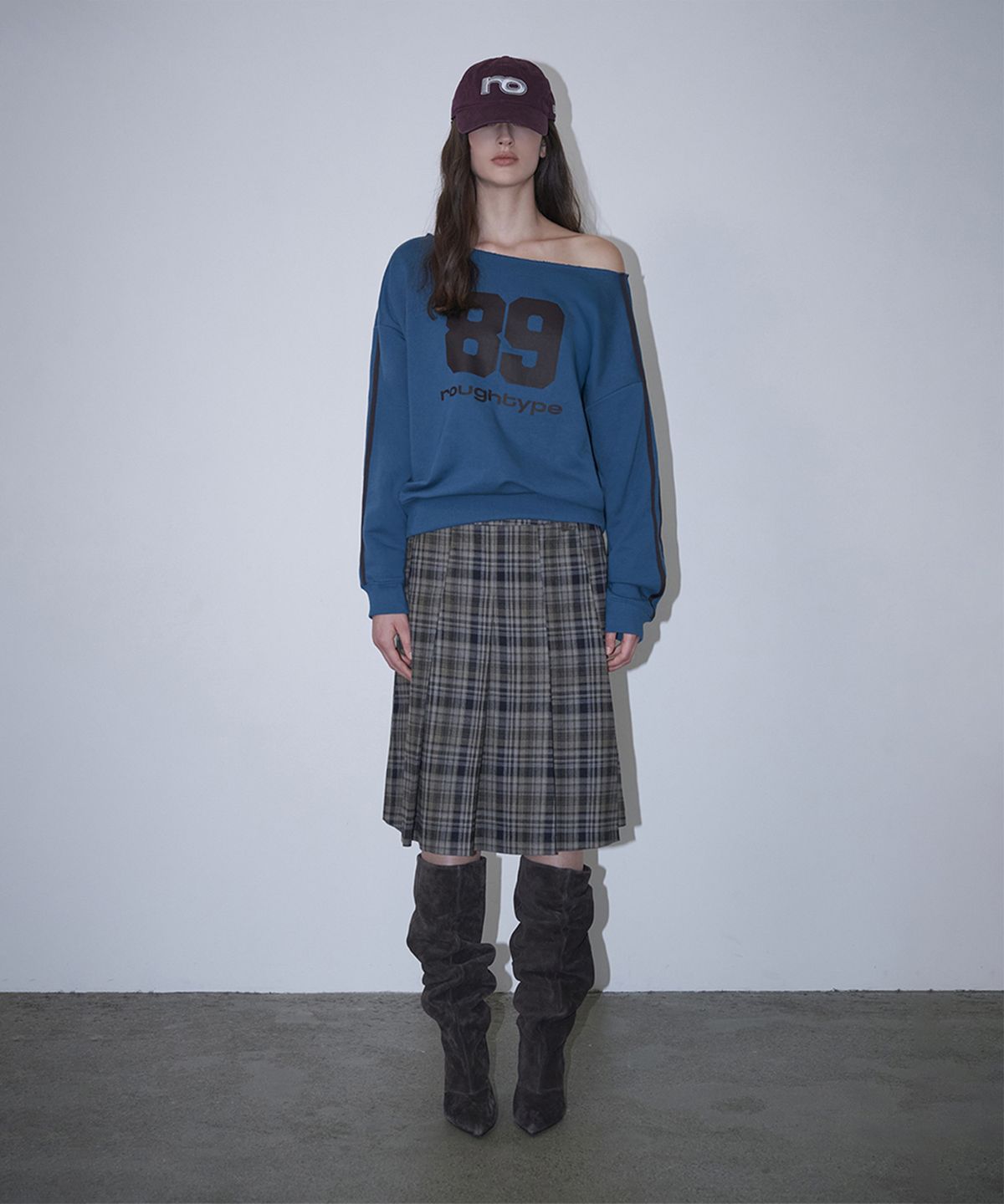 로타입(ROUGHTYPE) Trackline Off-Shoulder Sweatshirt - Blue green
