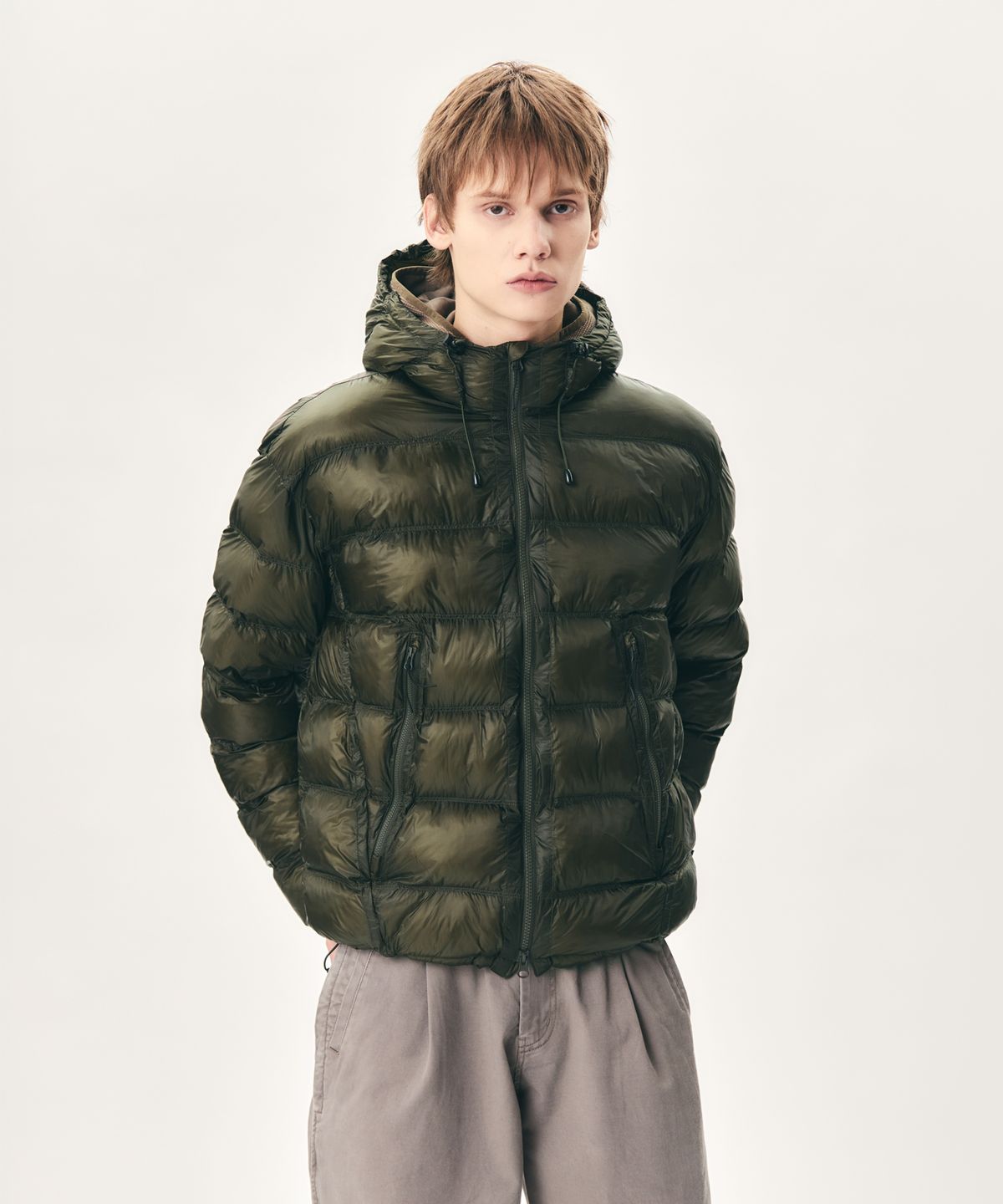 에스피오나지(ESPIONAGE) Sheer Shell Padded Jacket Olive