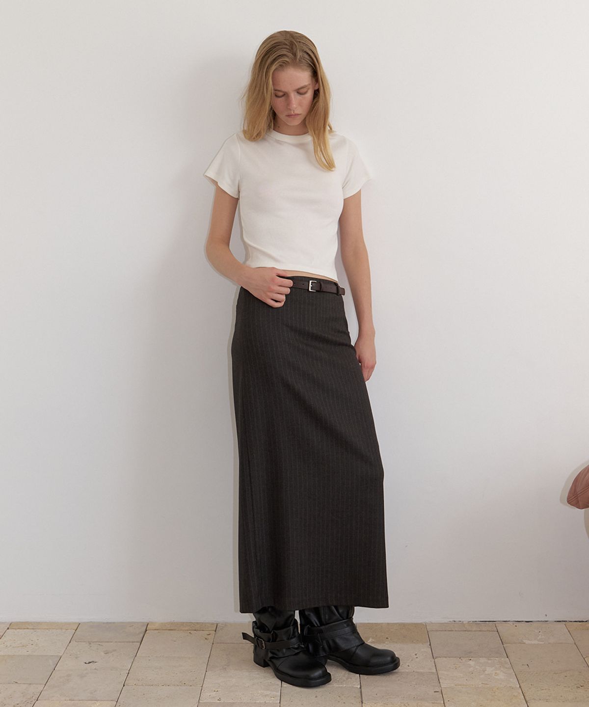 프리버07(FRIVER07) Stripe leather belted H-line skirt [FRFA06SK02]_Charcoal