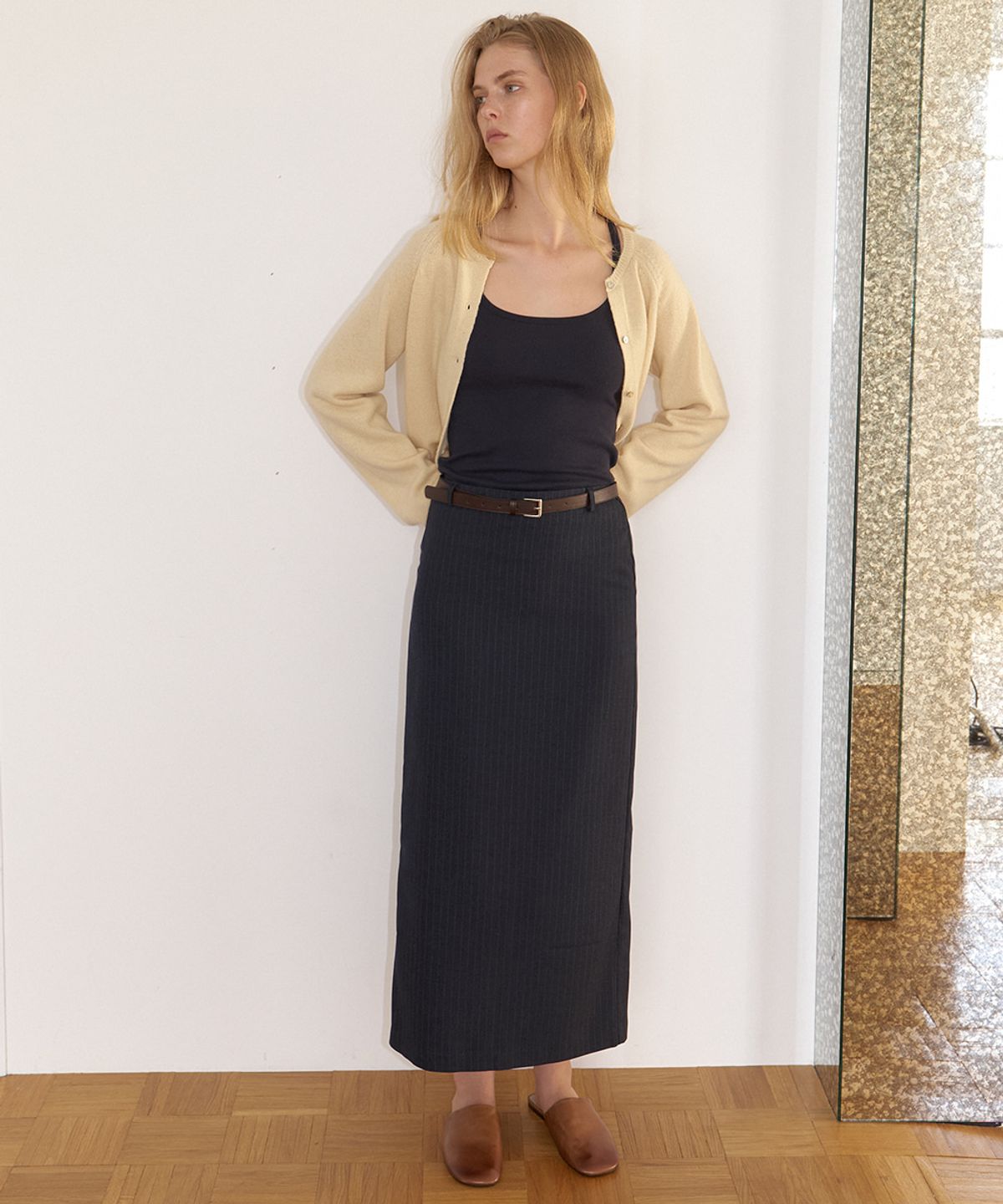 프리버07(FRIVER07) Stripe leather belted H-line skirt [FRFA06SK01]_Navy