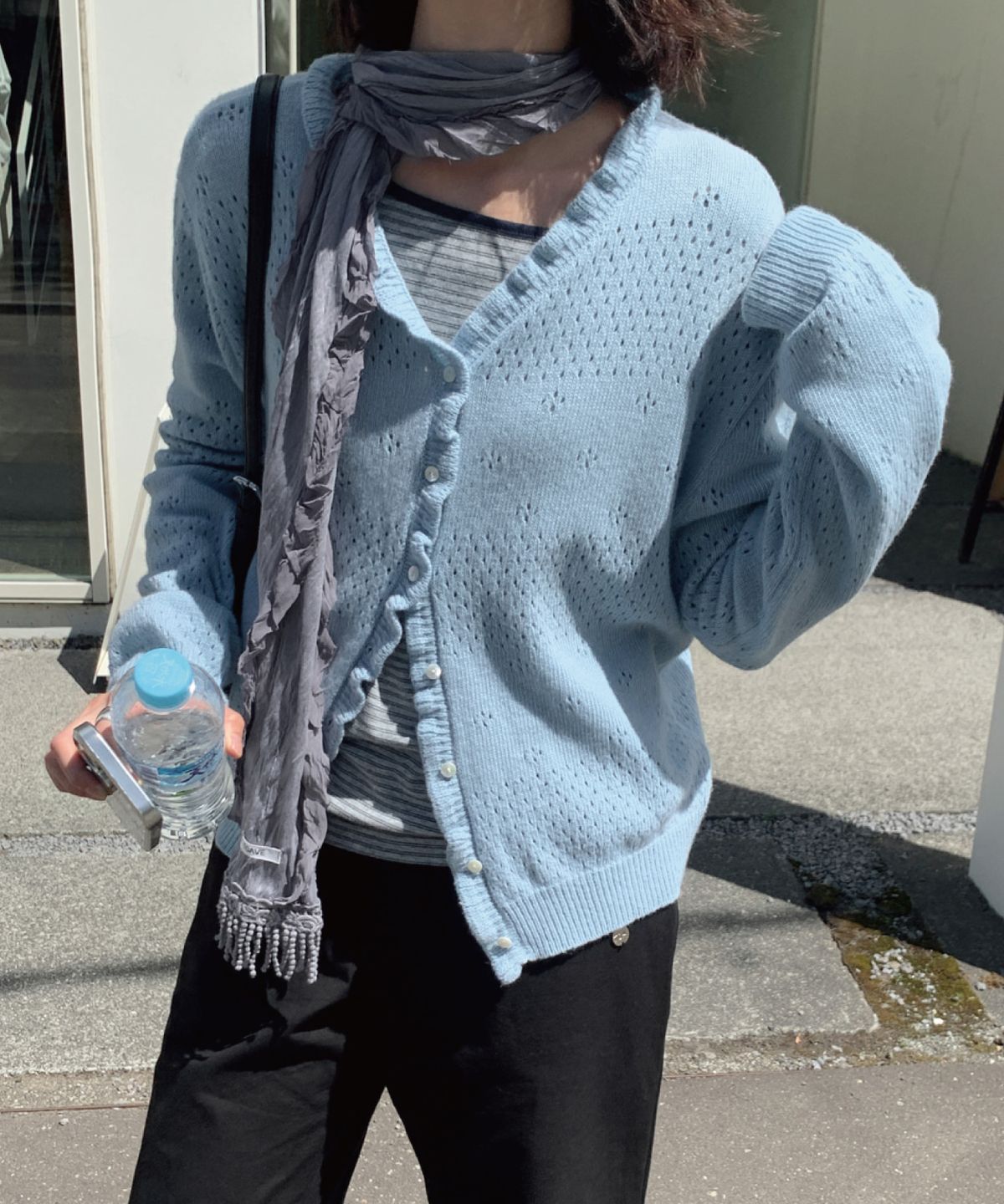 토아베(TOAVE) Marais Ruffle Pointelle Wool Cardigan (Sky)