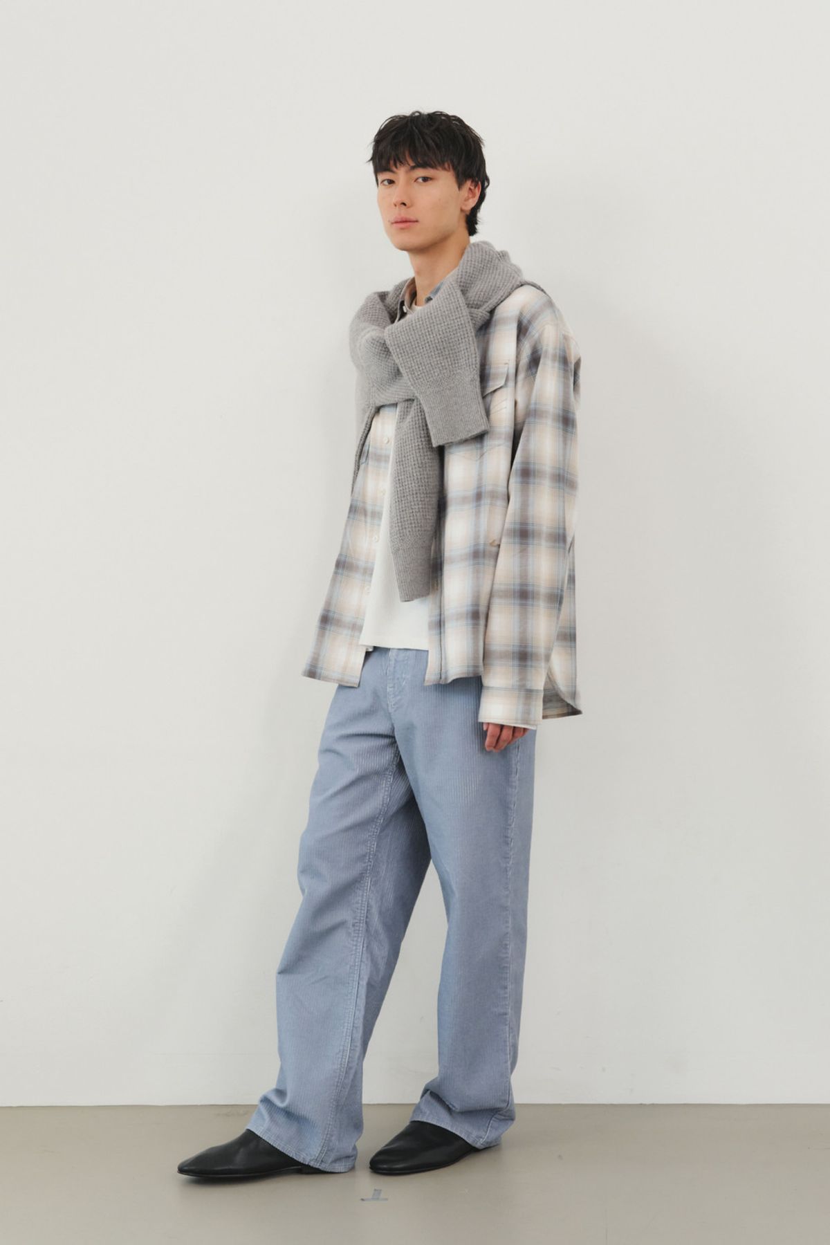쿠메(KUMÉ) Men Cotton Checked Shirt with Embroidered Pocket, Blue