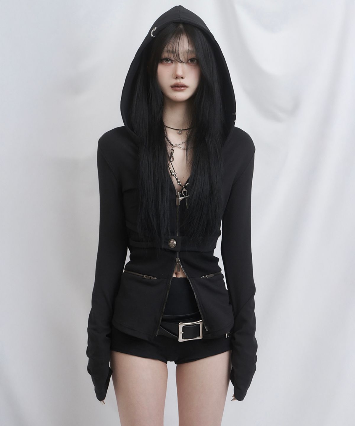 쇠아(SØAR) Cut out banding hoodie zip-up (BLACK)