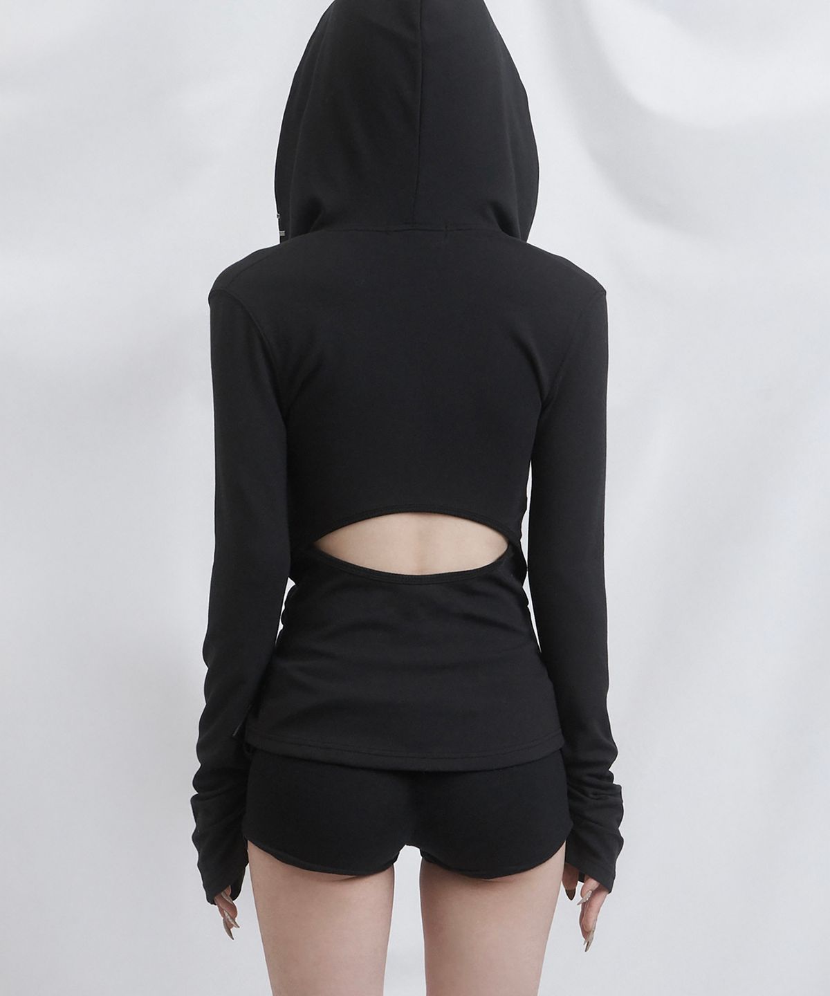 쇠아(SØAR) Cut out banding hoodie zip-up (BLACK)