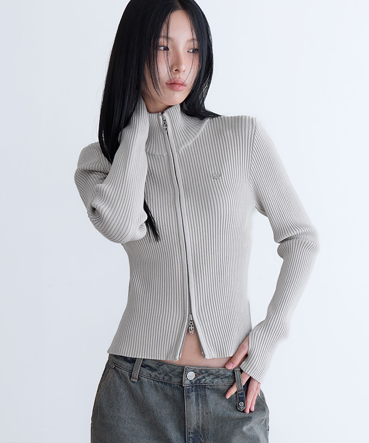 런던다다(LONDONDADA) Essential Slim High Neck Knit Zip-Up, GREIGE