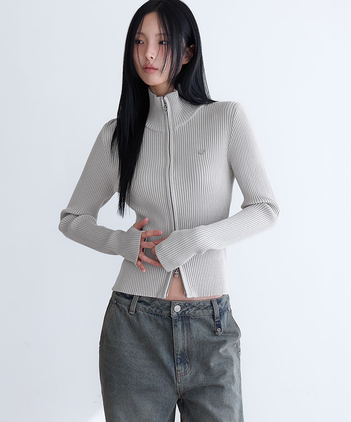 런던다다(LONDONDADA) Essential Slim High Neck Knit Zip-Up, GREIGE