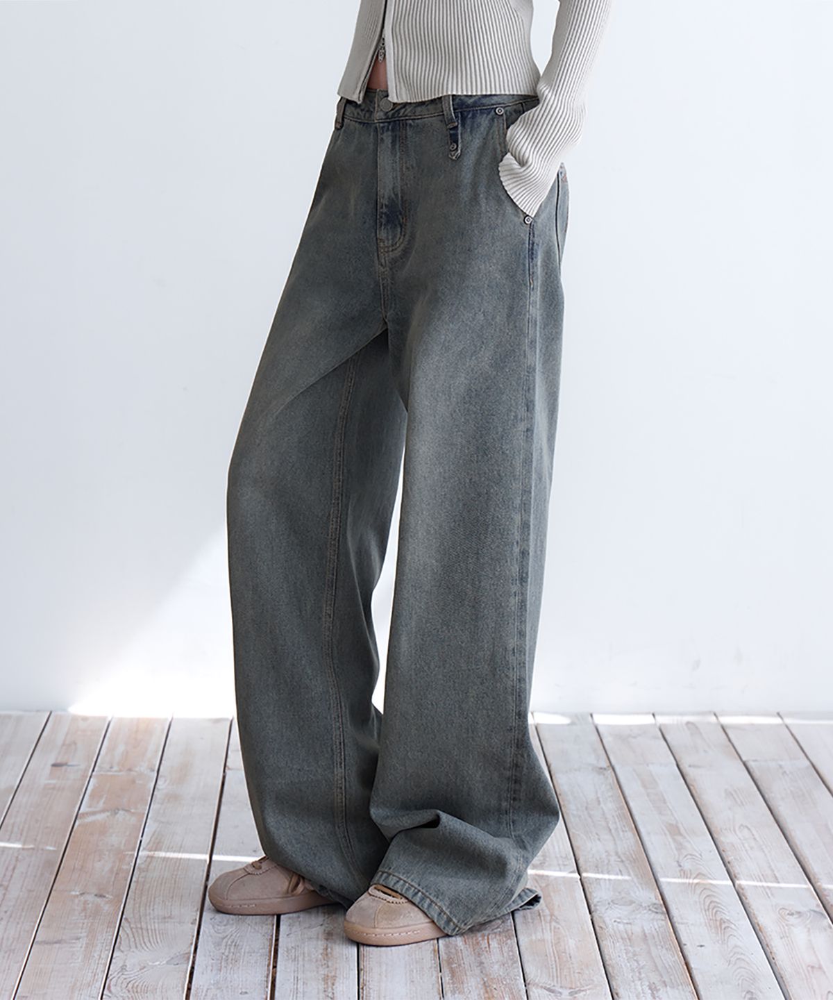 런던다다(LONDONDADA) Low-Rise Wide Jeans, KHAKI BLUE