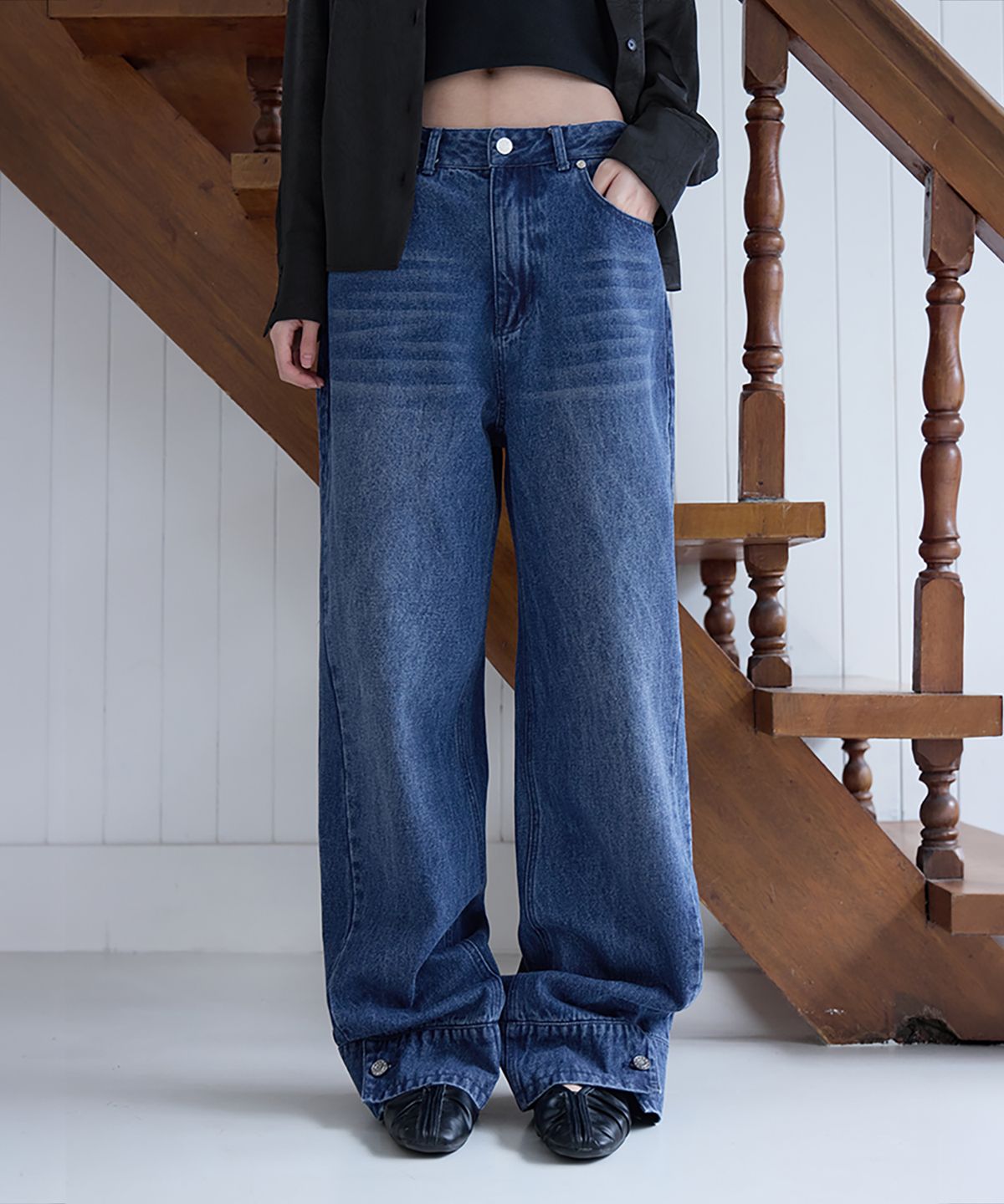 런던다다(LONDONDADA) Cuff Relaxed Straight Jeans, BLUE