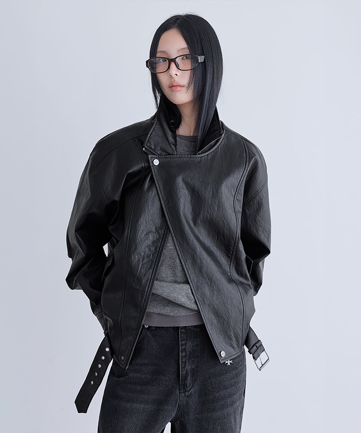 런던다다(LONDONDADA) Belted Oversized Leather Jacket, BLACK