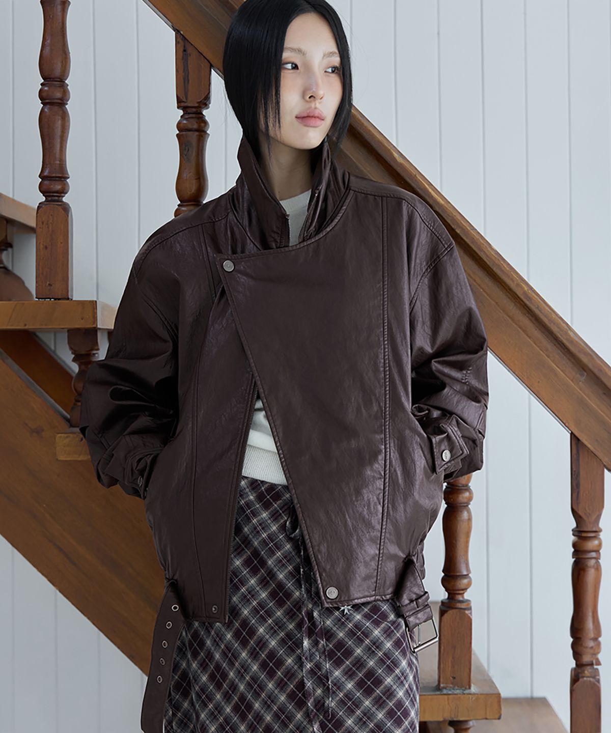 런던다다(LONDONDADA) Belted Oversized Leather Jacket, BROWN