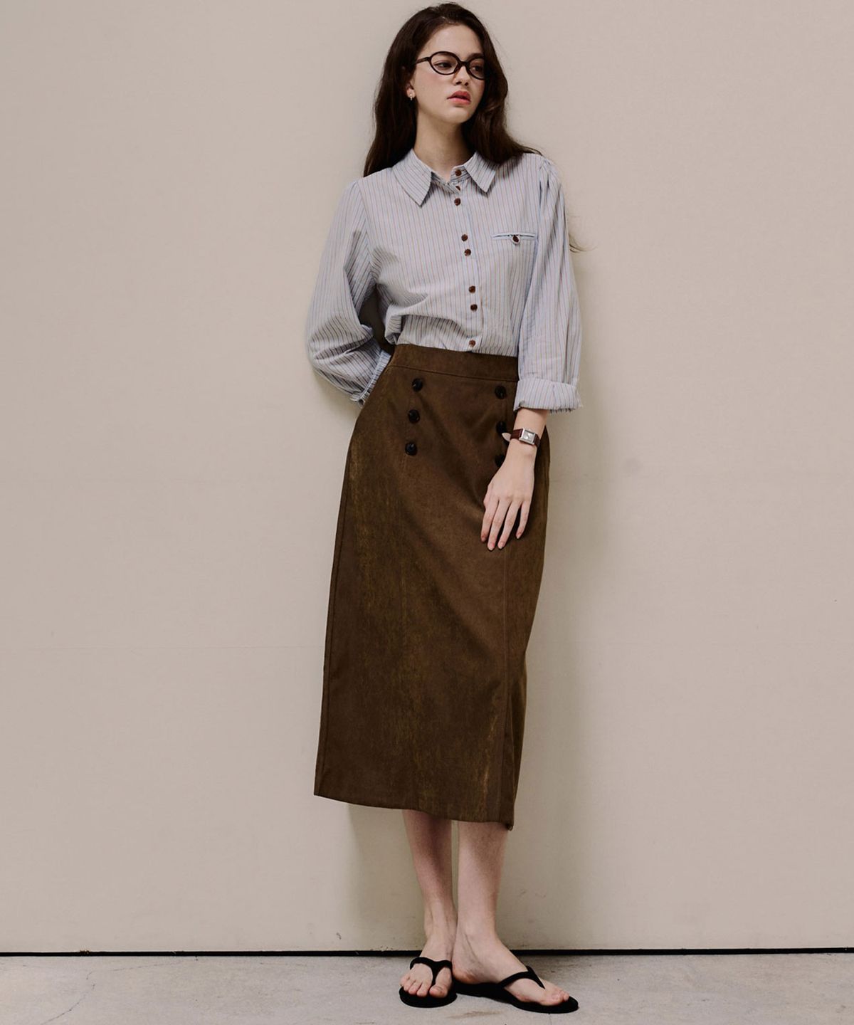 루시다(LUSIDA) 르온 더블 버튼 미디 스커트_2 Colors