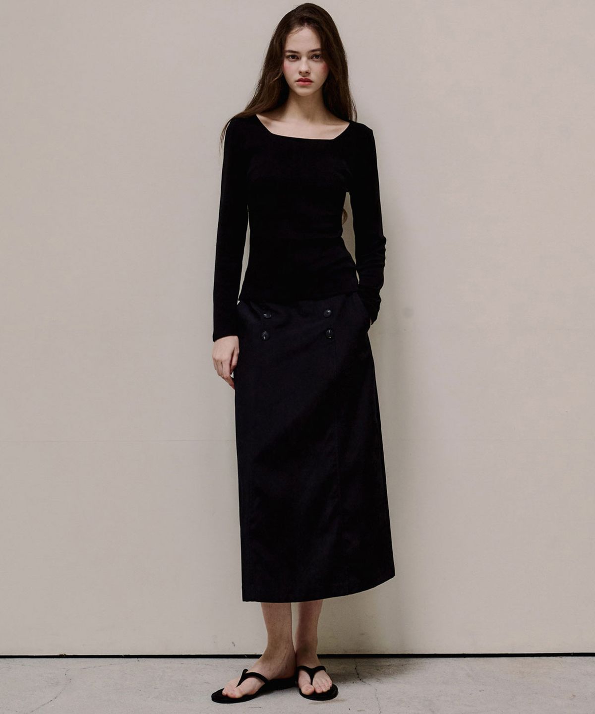 루시다(LUSIDA) 르온 더블 버튼 미디 스커트_2 Colors