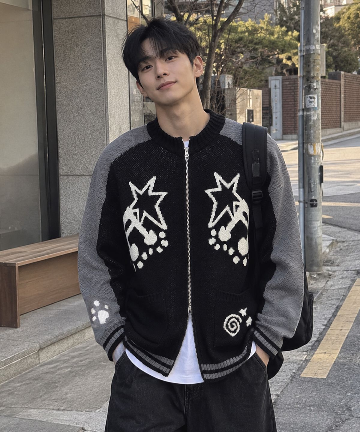 모즈모즈(MOZMOZ) 뮤직노트 투웨이 니트 집업 블랙