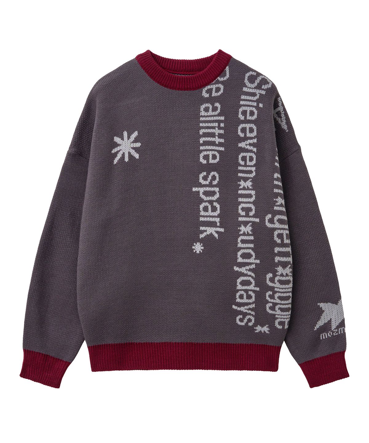 모즈모즈(MOZMOZ) 버티컬 레터링 배색 자카드 니트 다크그레이