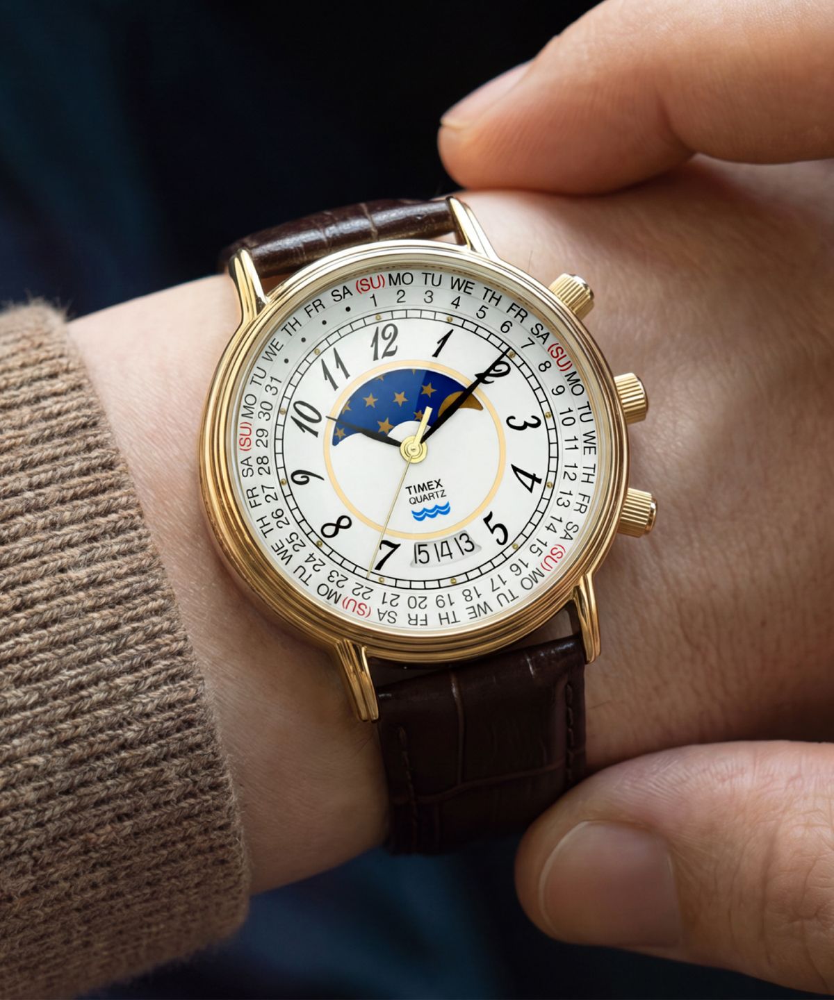 타이맥스(TIMEX) 1990 문페이즈 캘린더 다이얼 리이슈 가죽시계 37mm