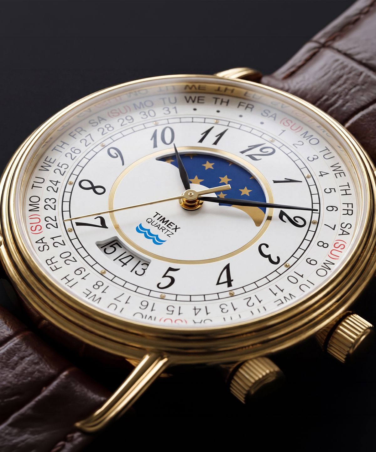 타이맥스(TIMEX) 1990 문페이즈 캘린더 다이얼 리이슈 가죽시계 37mm
