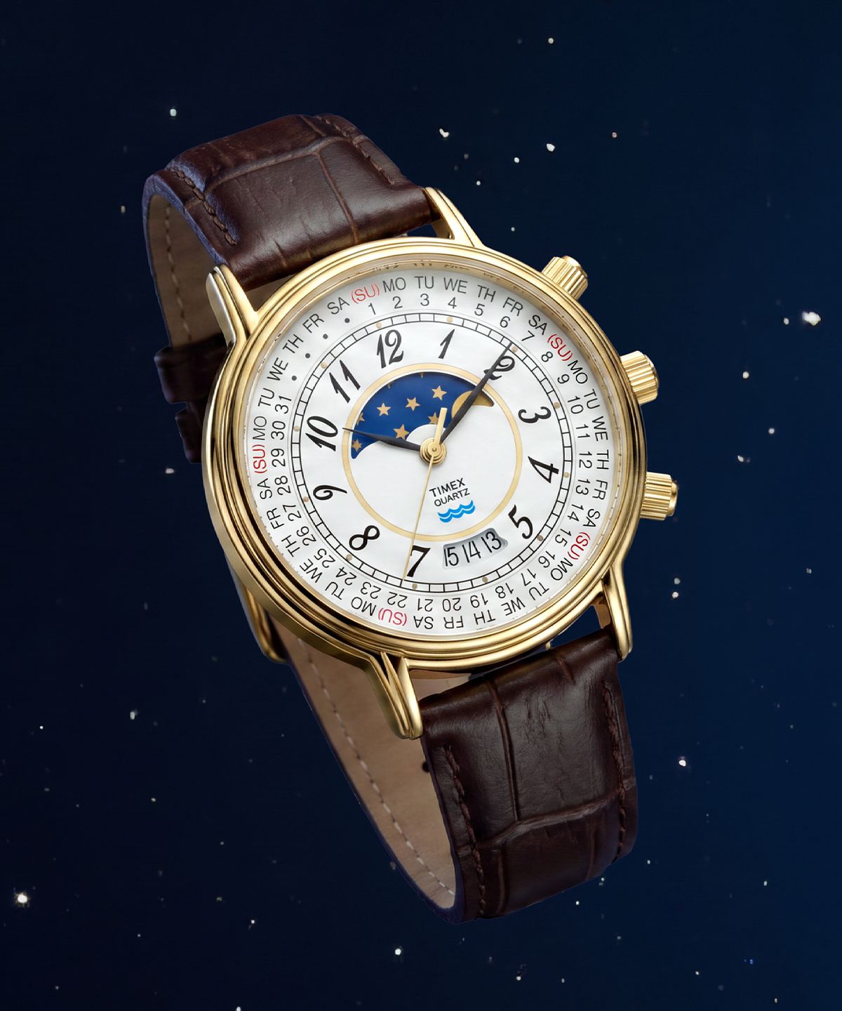 타이맥스(TIMEX) 1990 문페이즈 캘린더 다이얼 리이슈 가죽시계 37mm