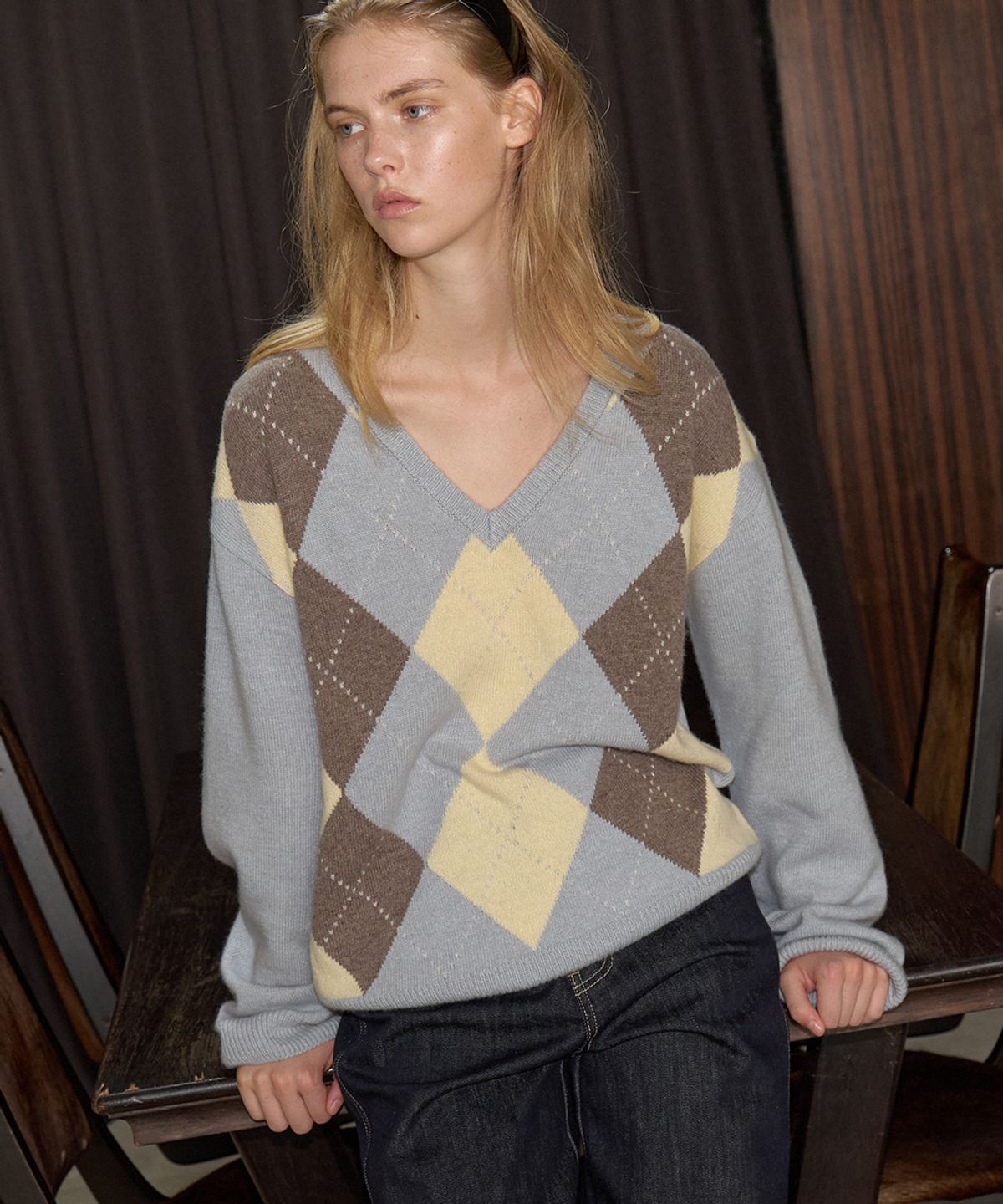 프리버07(FRIVER07) Argyle merino wool v-neck knit [FRFA06NT07]_Sky blue