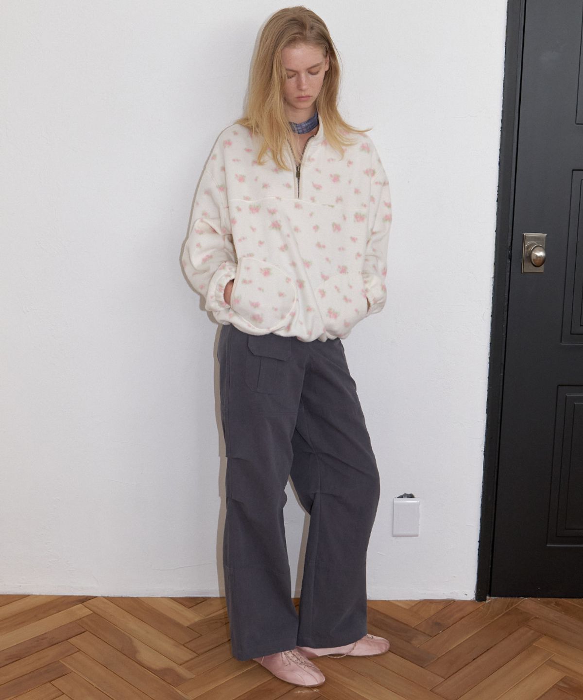 프리버07(FRIVER07) Floral fleece half zip-up [FRFA06LT10]_Ivory