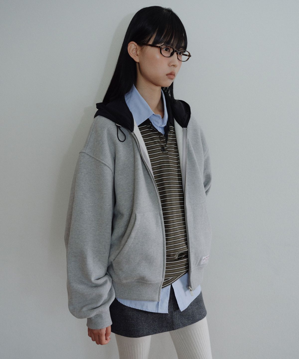 엔오르 스튜디오(ENOR STUDIO) [CORE] OVERSIZED TWO-TONE ZIP-UP HOODIE - GREY