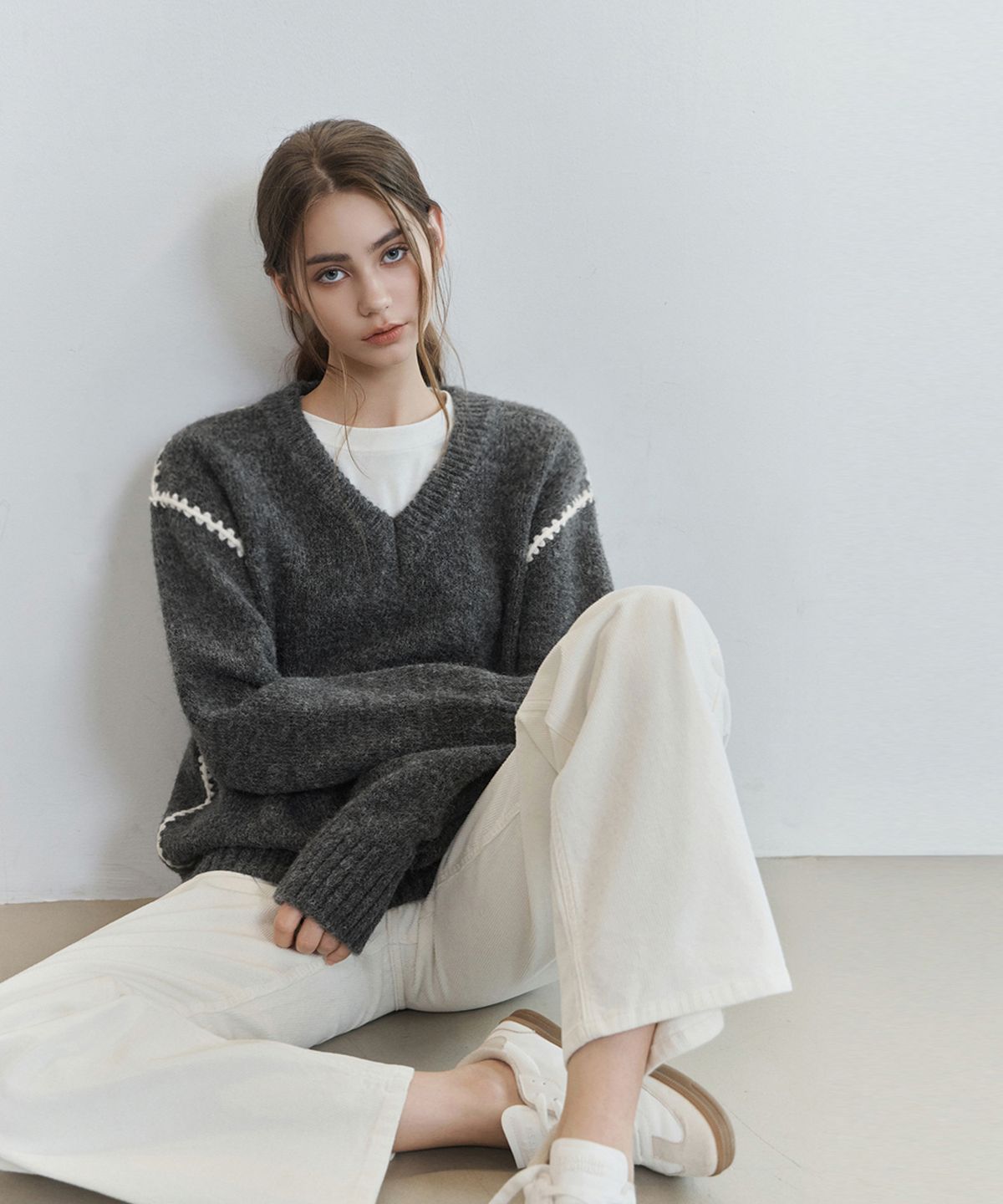 논앤논(NON AND NON) CHUNKY V NECK SWEATER_NFKN6590 (CHARCOAL)