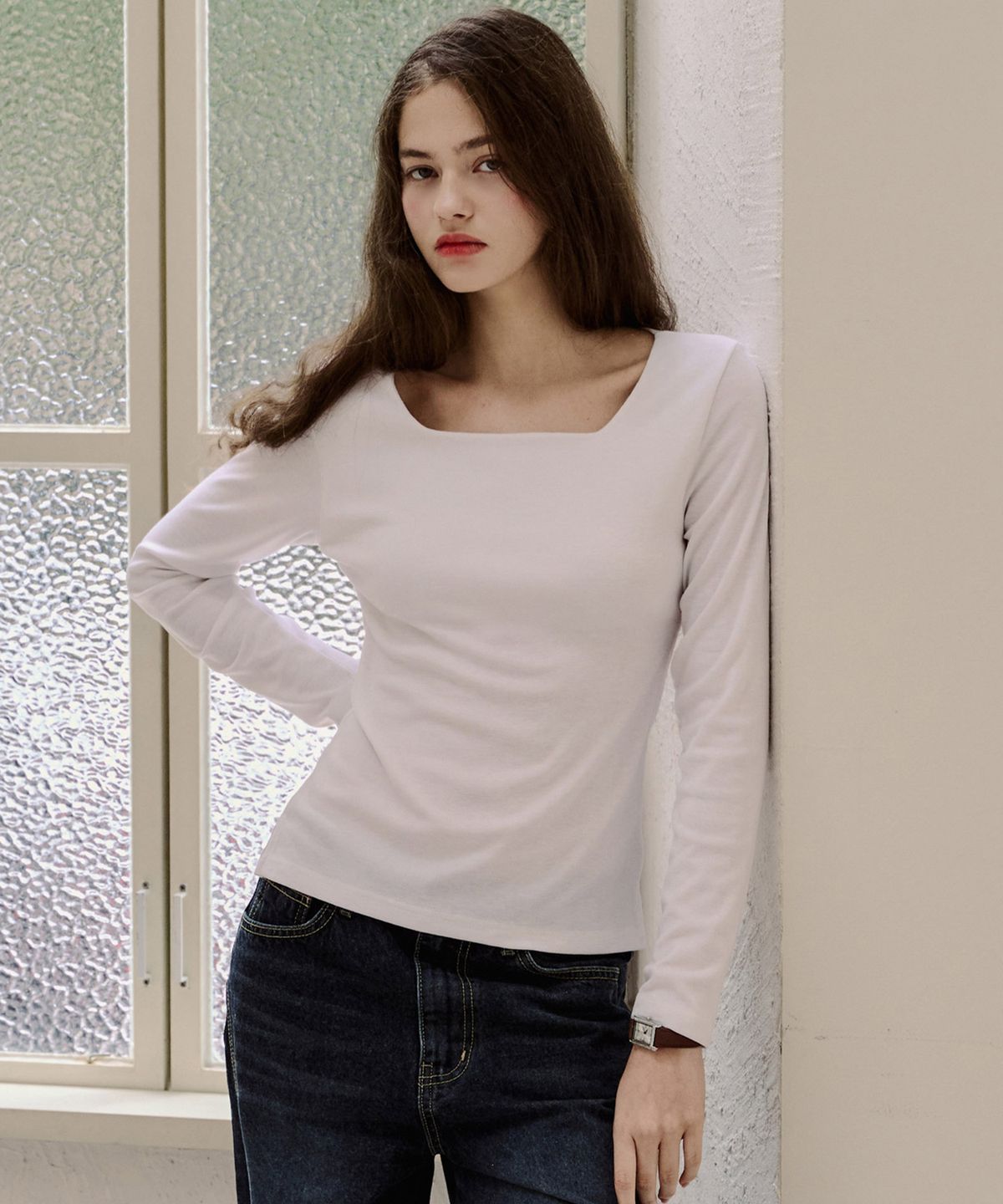 루시다(LUSIDA) 스퀘어 넥 롱 슬리브리스 티셔츠_3 Colors
