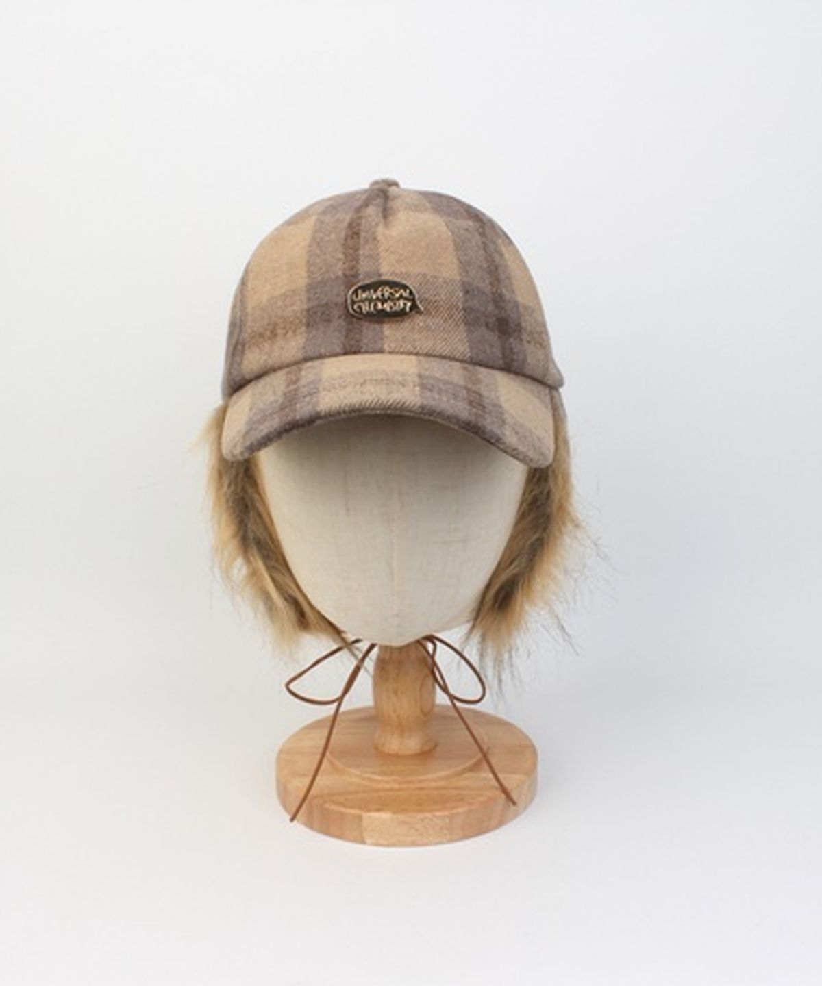 유니버셜 케미스트리(UNIVERSAL CHEMISTRY) Check Beige Fur Earflap Cap 귀달이모자