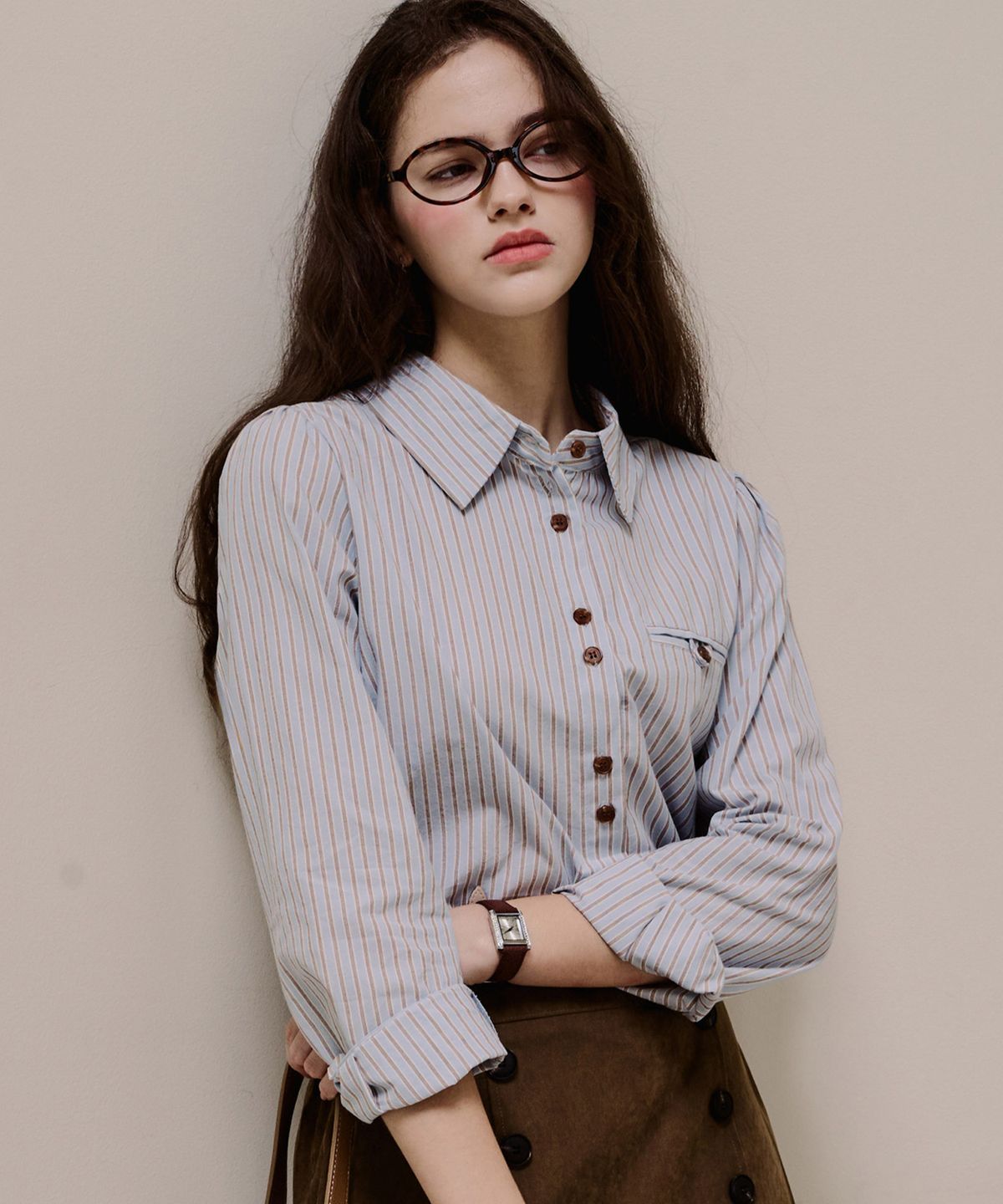 루시다(LUSIDA) 투버튼 퍼프 스트라이프 셔츠_2 Colors