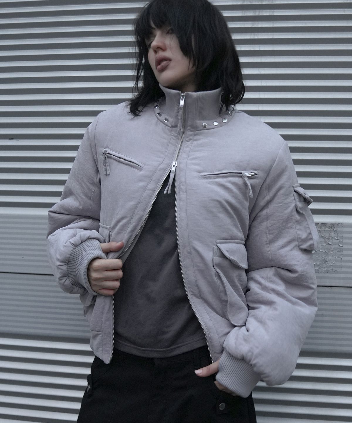 팬시클럽(FANCY CLUB) 하이넥 빈티지 퀄팅 자켓 (GRAY) F26ZA502