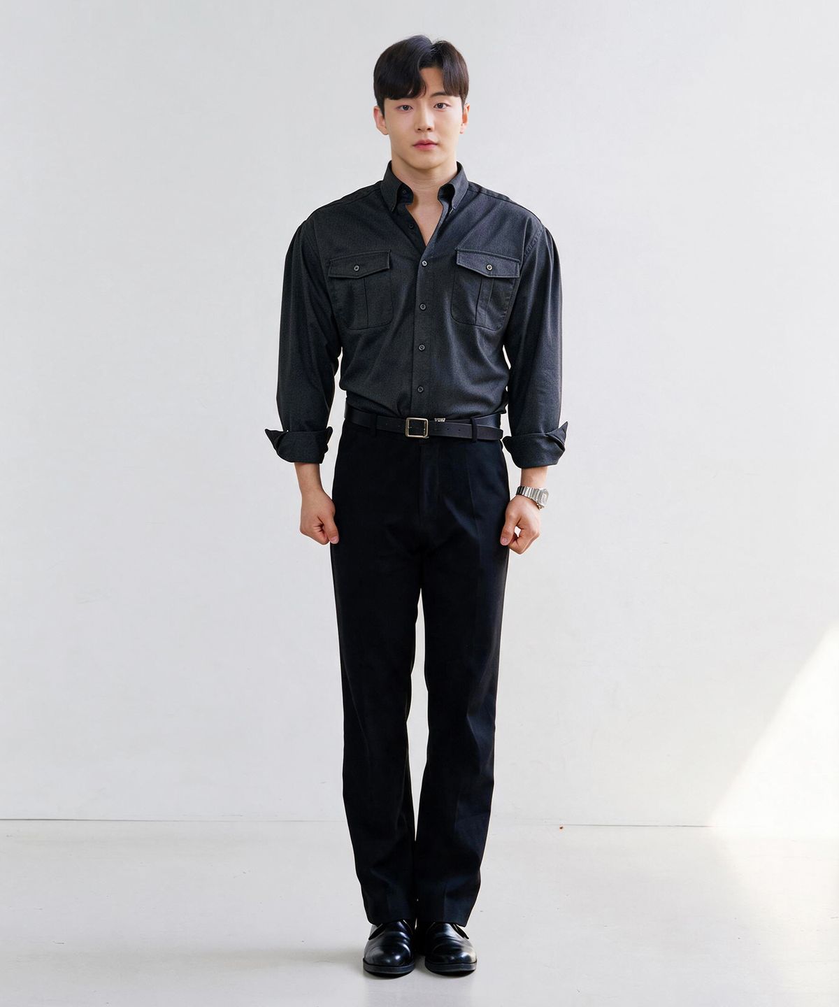 핵쿨남(HECKCOOLNAM) 블랙라벨(black label) 하이엔드 피티드 차콜 셔링 머슬핏 정장 셔츠